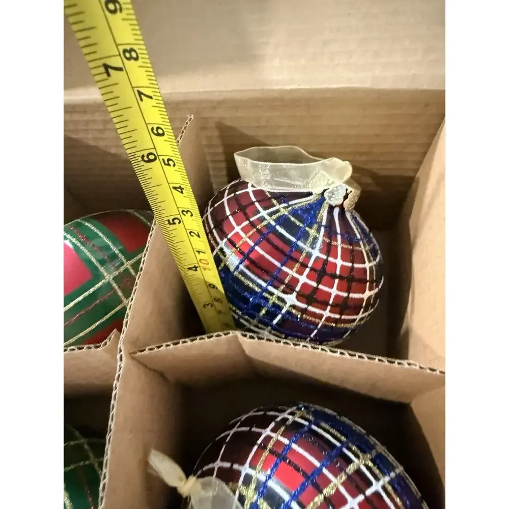 Vintage Jeffrey Banks Home Set of 8 Large Plaid Tartan Glass Ornaments w/ Box